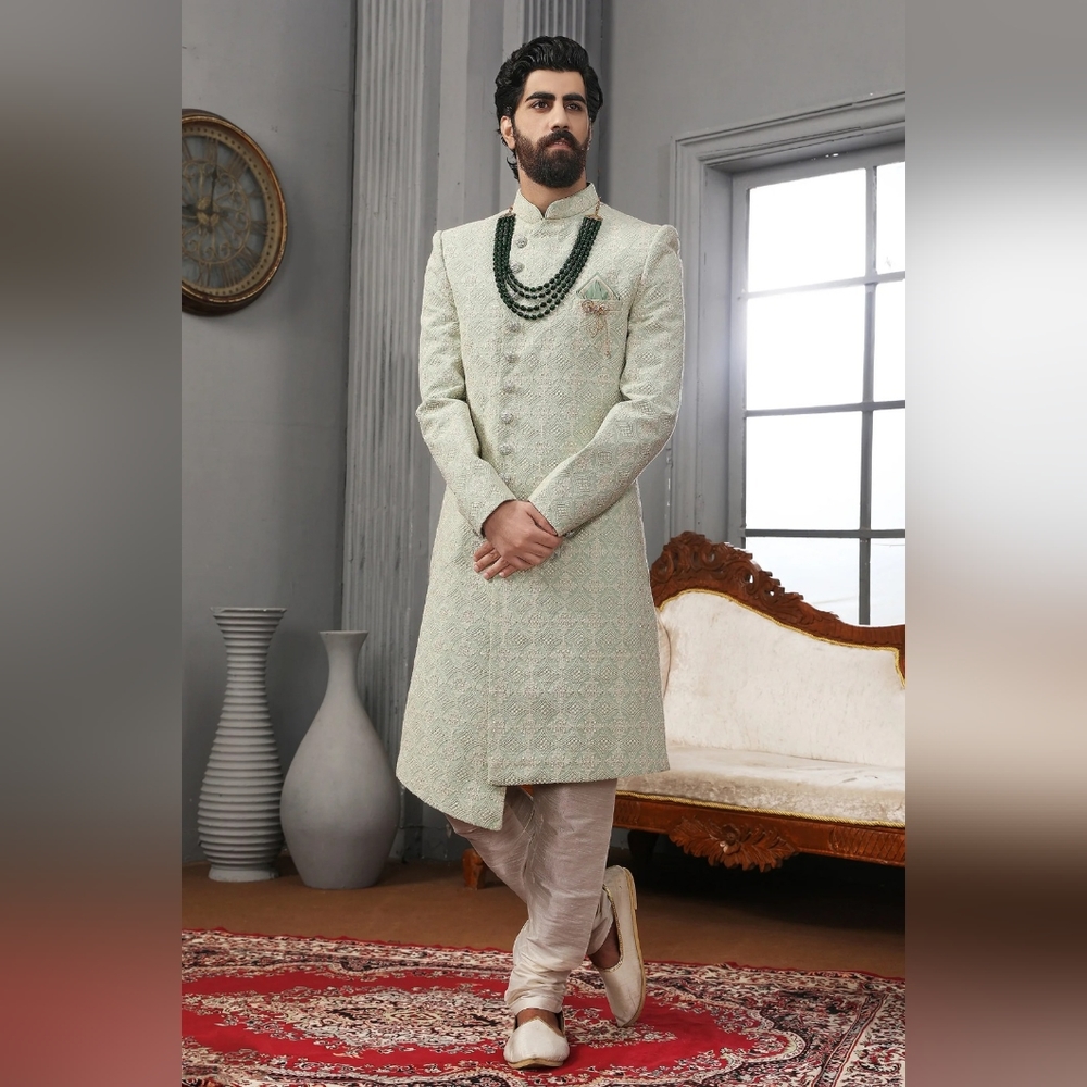 SR Light Green Raw Silk Indo Western Sherwani with Embroidery